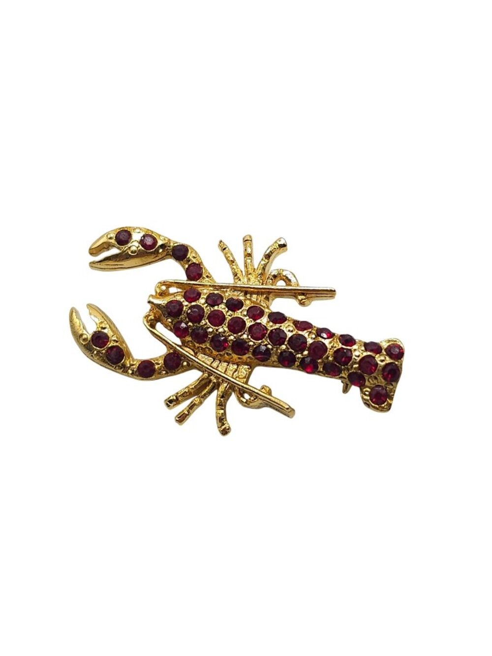 Gold Tone Lobster Brooch Red Rhinestones 2 Inches Long Vintage